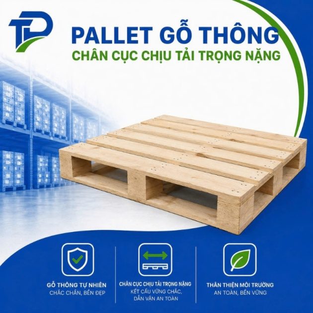Pallet gỗ thông chân cục chịu tải nặng đến 4000kg. Thiết kế chân gù 4 đường nâng linh hoạt. Gỗ thông bền đẹp, đạt chuẩn xuất khẩu ISPM 15. Giá tốt!