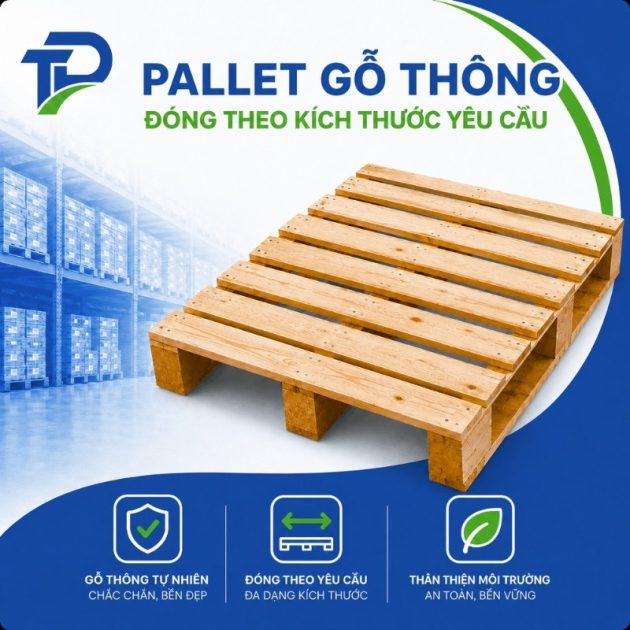 Pallet gỗ thông đóng theo kích thước yêu cầu, chắc chắn, chịu tải tốt, hỗ trợ xử lý HT xuất khẩu, giá cạnh tranh, giao hàng nhanh.